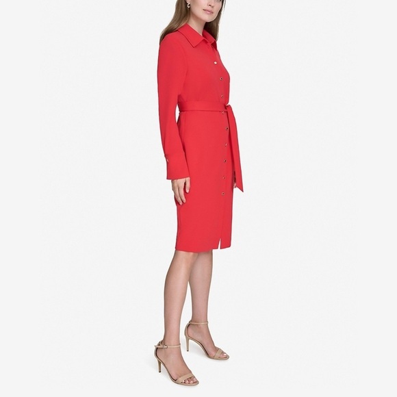 NWT Halston Red Long-Sleeve Scuba Crepe Belted Shirt Dress Sz 12 - Picture 6 of 9